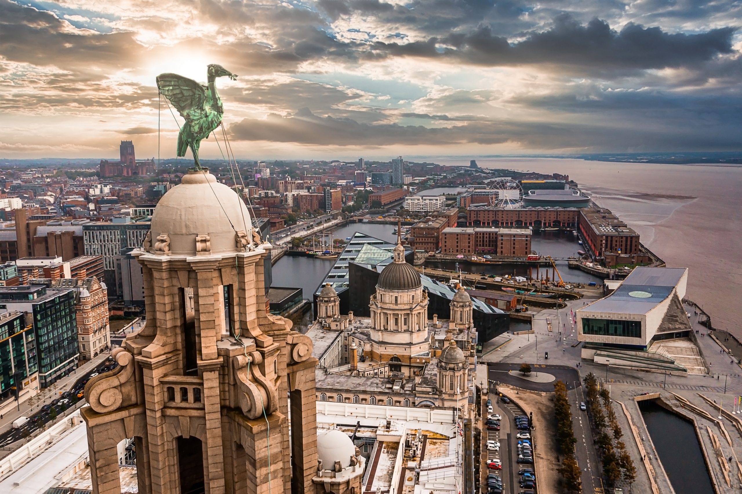 Close up of the top of the Liver building, Liverpool
